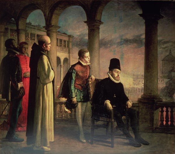 Felipe II witnessing an act of faith, preserved painting at the Central University of Barcelona b?