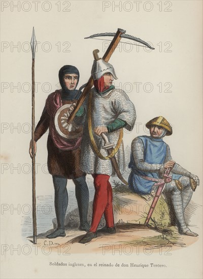 British soldiers, during the reign of Henry III, squire, crossbowman and infantry soldier, engrav?