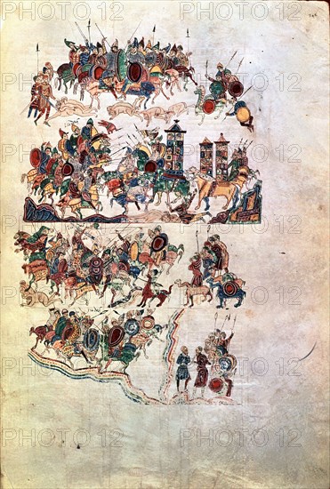 Warriors in a battle, Miniature in the 'Bible of Ripoll', manuscript copied and illustrated in th?