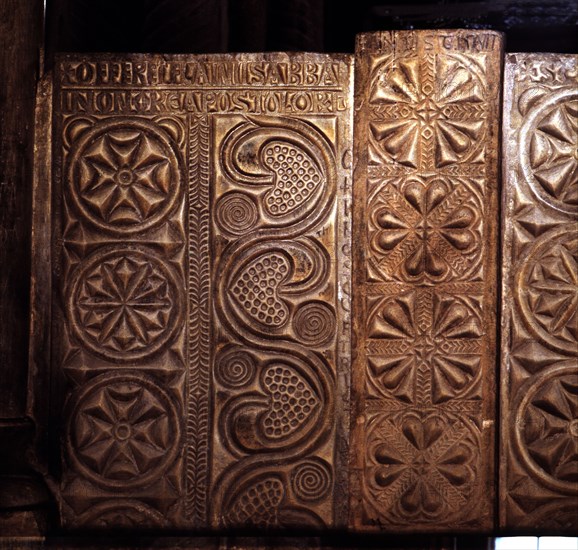 Detail of the Visigothic gate separating the presbytery from the nave of the church of Santa Cris?