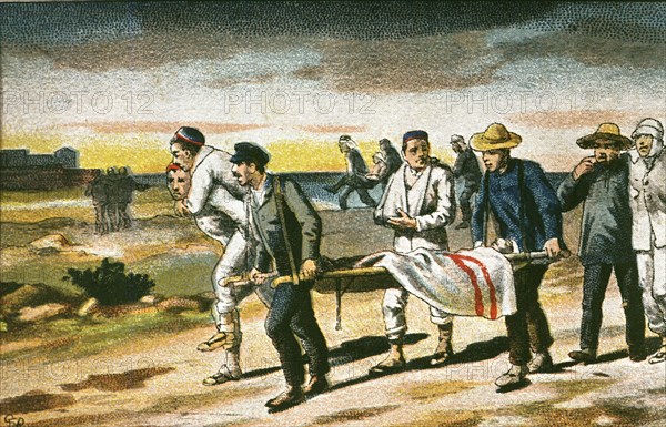 Morocco Campaign in 1913, conduction of Spanish wounded men after a battle, colored engraving.