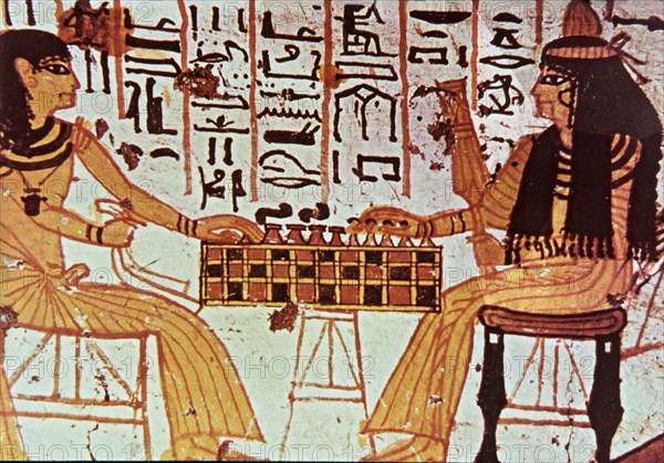 Courtesan women playing chess, fresco from the chapel of Khabekhnet ...