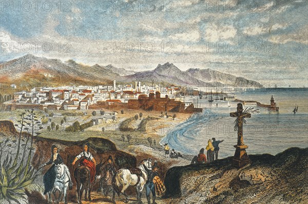Overview of Barcelona from Montjuich, coloured engraving.