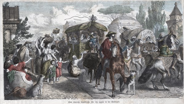 Carriages and pedestrians by the Via Apia in the age of emperors, engraving 1881.