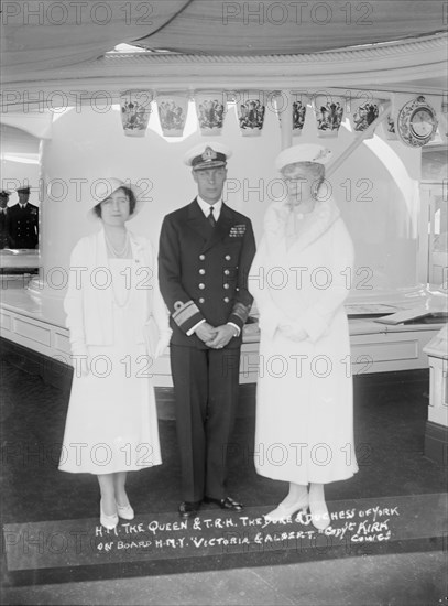 Queen Mary with the Duke and Duchess of York aboard 'HMY Victoria and Albert', 1933. Creator: Kirk & Sons of Cowes.