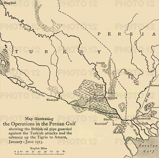 'Map illustrating the Operations in the Persian Gulf', First World War, 1915, (c1920). Creator: Unknown.