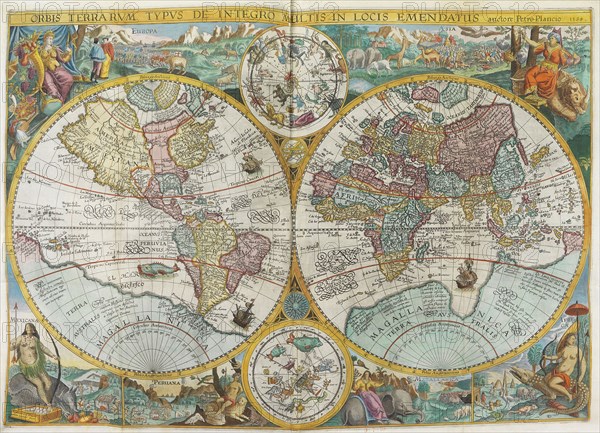 Itinerarium. World map with costumes, natives, ships, plants and animals, 1644. Creator: Linschoten, Jan Huygen van (1563-1611).