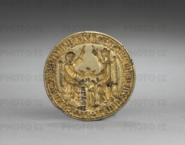 Almond-Shaped Seal: Coronation of the Virgin with a Kneeling Monk, 1300-1400. Creator: Unknown.