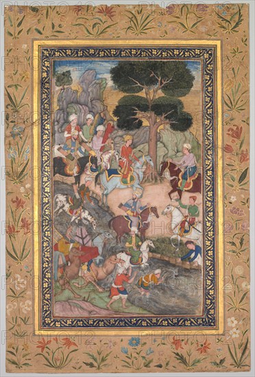 Babur meeting with Sultan Ali Mirza at the Kohik River, from a Babur-nama (Memoirs of Babur), c. 159 Creator: Unknown.