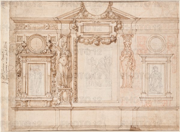 Design for a Wall Decoration with Pasted-in Sketches after Raphael (verso), c. 1580s-90s. Creator: Frederico Zuccaro (Italian, 1540/1-1609).