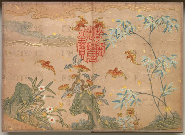 Desk Album: Flower and Bird Paintings (Bats, rocks, flowers oval calligraphy) , 18th Century. Creator: Zhang Ruoai (Chinese).