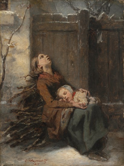 Destitute Dead Mother holding her sleeping Child in Winter, c. 1850. Creator: Octave Tassaert (French, 1800-1874).