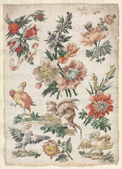 Floral Designs with Birds and Griffon, 1784. Creator: Giacomo Cavenezia (Italian).