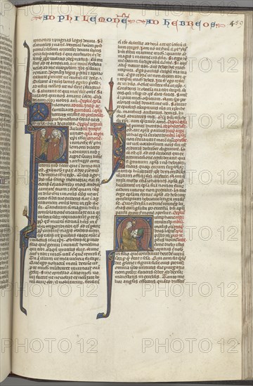 Fol. 459r, Philemon, historiated initial P, Paul addressing three men and Hebrews..., c. 1275-1300. Creator: Unknown.