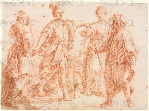 Jacob and Laban with Rachel and Leah (recto) Sketch of Two Men...(verso), 1600s. Creator: Unknown.