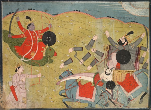 Krishna Vanquishing Vanasura: Scene from the Aniruddha Usha Section of Krishna Lila, c. 1840. Creator: Unknown.