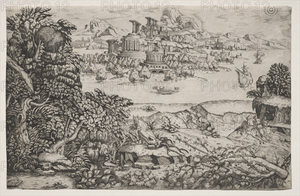 Landscape with a Temple above a Lake, 16th century. Creator: Monogrammist HI (Italian); Monogrammist DB (Italian), and.