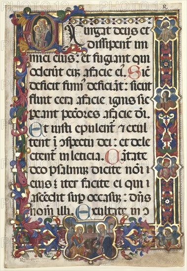 Leaf from a Psalter with Full Border with Medallions (Annunciation, SS. Jerome, Clare..., 1475. Creator: Unknown.