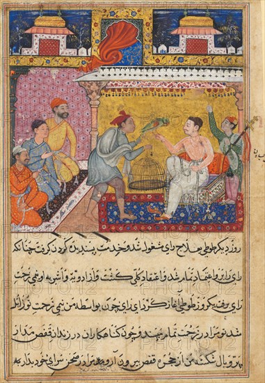 Page from Tales of a Parrot (Tuti-nama): Fifth night: The hunter offers the mother..., c. 1560. Creator: Basavana (Indian, active c. 1560-1600).