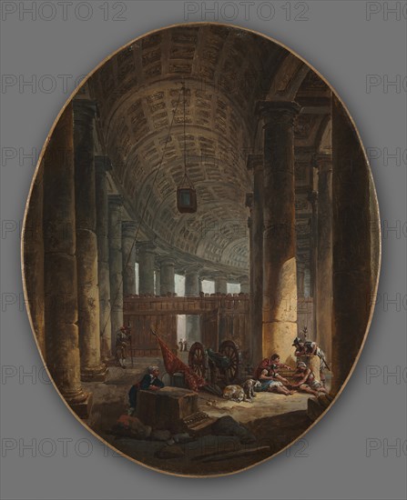 Pair of Paintings: The Colonnade of St. Peter's, Rome, during the Conclave and The Grotto..., c.1769 Creator: Hubert Robert (French, 1733-1808).