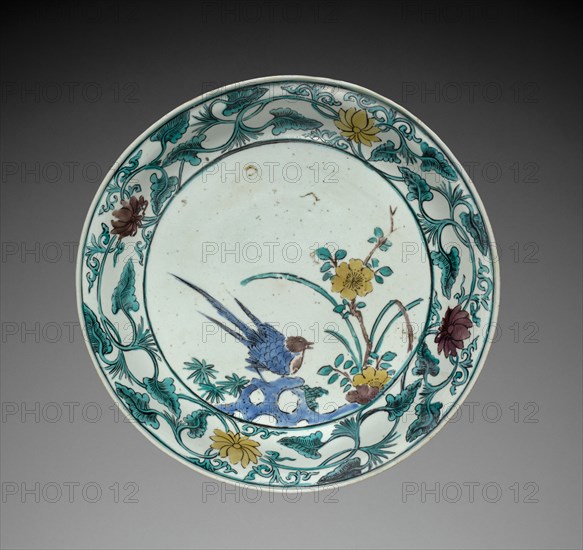 Plate with Bird and Flower: Kutani Ware, mid- to late 1600s. Creator: Unknown.