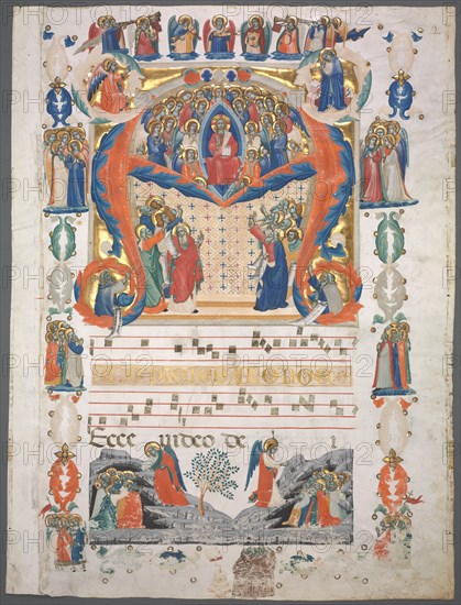 Single Leaf Excised from an Antiphonary: Inital A[spiciens a longe] with Christ in Majesty. Creator: Unknown.