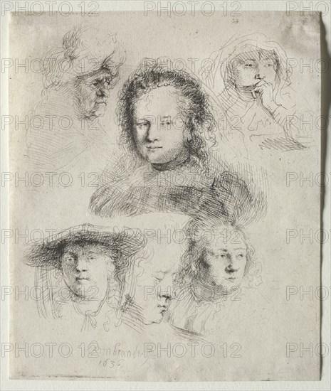 Studies of the Head of Saskia and Others, 1636. Creator: Rembrandt van Rijn (Dutch, 1606-1669).