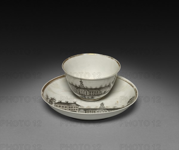 Tea Bowl and Saucer with View of Town (Cleves?), c. 1770-1785. Creator: Unknown.