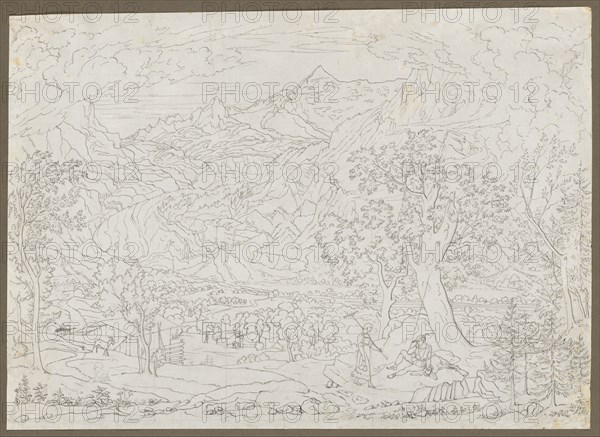 The Grindelwald Glacier with Hunter and Peasant Girl in Foreground, ca. 1823. Creator: Joseph Anton Koch (Austrian, 1768-1839).