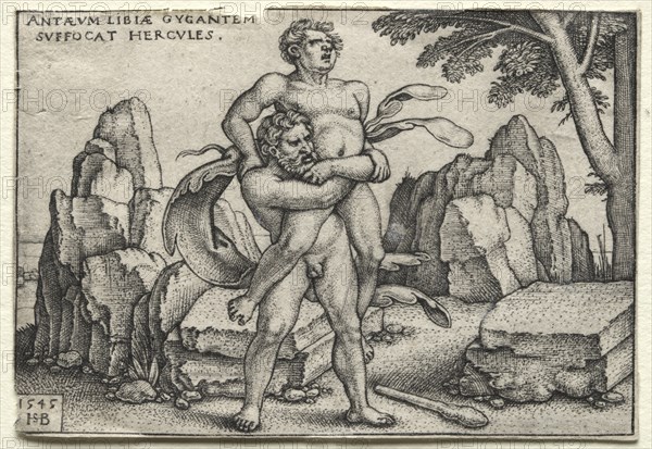 The Labors of Hercules: Hercules Crushing Antaeus, 1545. Creator: Hans Sebald Beham (German, 1500-1550).