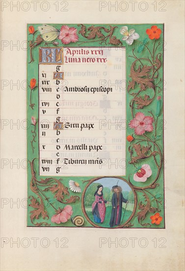 Hours of Queen Isabella the Catholic, Queen of Spain: Fol. 5r, April - Squire and Damsel, c. 1500. Creator: Master of the First Prayerbook of Maximillian (Flemish, c. 1444-1519); Associates, and.