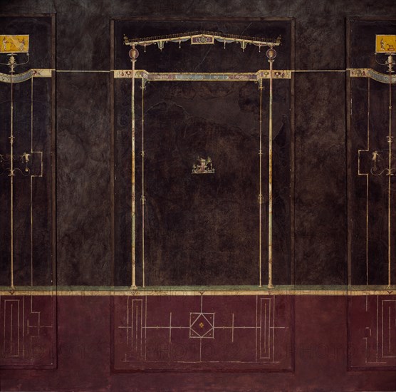 Wall painting on black ground: Aedicula with small landscape, from the imperial..., 1st century B.C. Creator: Unknown.