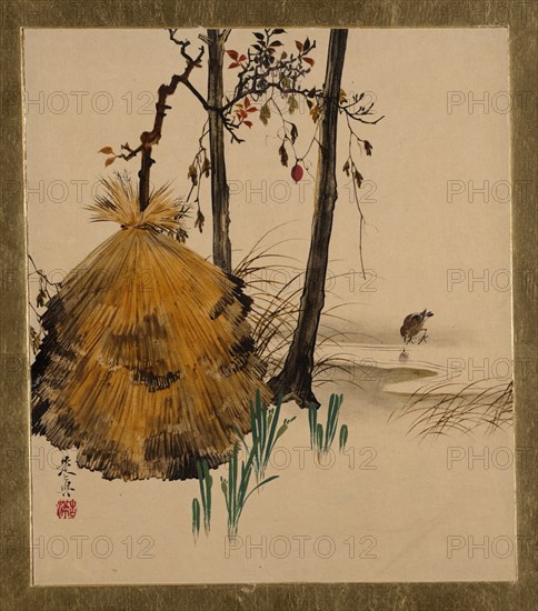 Lacquer Paintings of Various Subjects: Snow Shelter for a Tree with Sparrow, 1882. Creator: Shibata Zeshin.