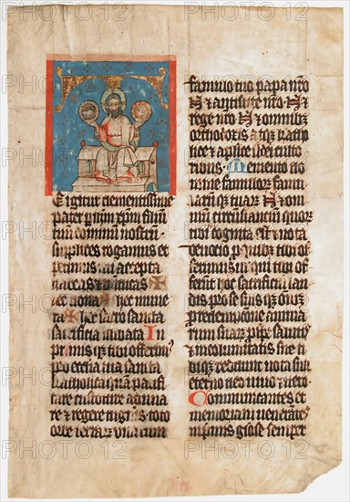 Manuscript Leaf with the Holy Trinity in an Initial T, from a Missal, ca. 1390. Creator: Unknown.