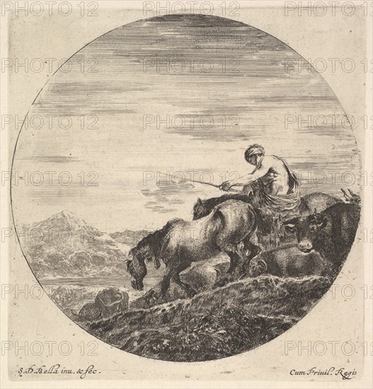 A shepherd at right, facing left, driving a group of animals downhill, a round comp..., ca. 1643-48. Creator: Stefano della Bella.