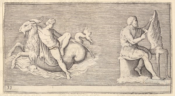 Figure on Seagoat; Man Carving Wing, published ca. 1599-1622. Creator: Unknown.