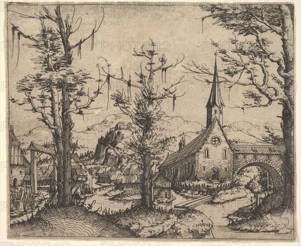 Landscape with Four Trees and a Church at Right, 1545 (?). Creator: Augustin Hirschvogel.