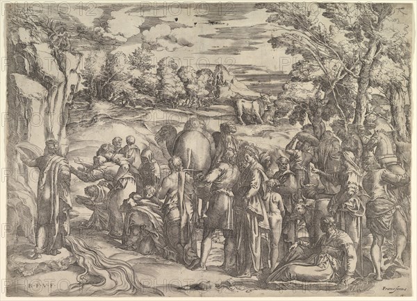 Moses Drawing Water from the Rock, at left with water flowing, various figures and ..., ca. 1552-61. Creator: Battista Franco Veneziano.