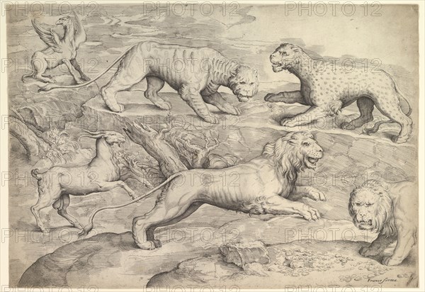 Six Animals, including lions, a tiger, a leopard, a griffin, and a goat, ca. 1530-61. Creator: Battista Franco Veneziano.