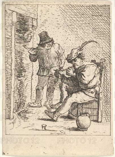 Two male peasants holding pipes before a fireplace, one seated with the pipe held..., After 1625-90. Creator: Unknown.