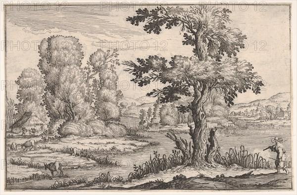 Landscape with goats grazing near a river and a figure in the right foreground, from a ser..., 1638. Creator: Ercole Bazicaluva.