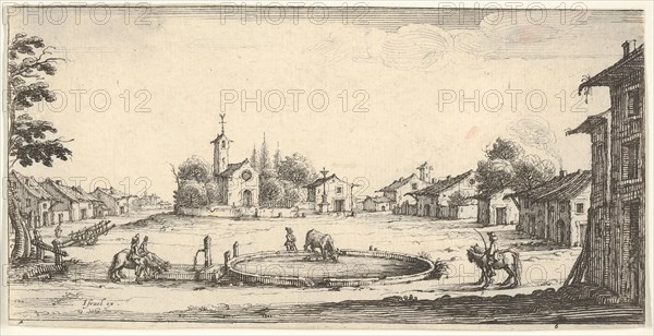 Plate 6: view of a village with a horse trough in center, horses and houses to either s..., 1636-61. Creator: Francois Collignon.