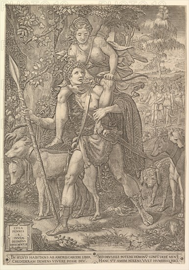 Allegory of the Hunt; a hunter holding a large spear carrying a woman