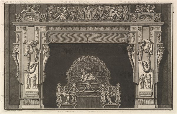 Chimneypiece: Frieze of trophies and winged Victories on the lintel, with cornucopias ..., ca. 1769. Creator: Giovanni Battista Piranesi.