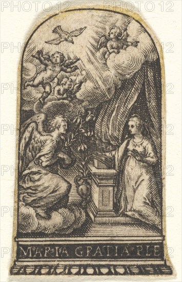 Annunciation, Mary kneels at a lectern as Gabriel approaches on a cloud from the ..., ca. 1580-1600. Creator: Johann Theodor de Bry.