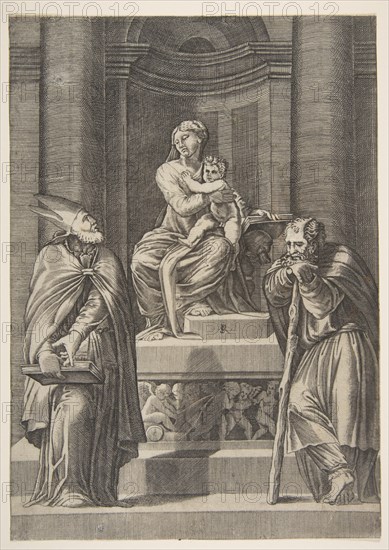 Saint Joseph at left and a bishop at right standing before the altar of the Virgin ..., ca. 1515-27. Creator: Marco Dente.