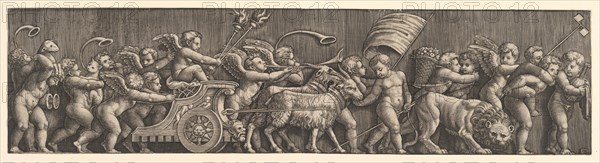 Frieze arrangement depicting the Triumph of Love; Cupid in a Chariot led by goats, man..., 1530-60. Creator: Master of the Die.