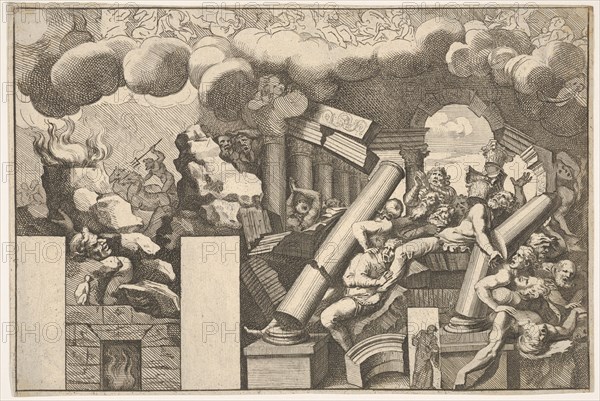 Giants crushed by rocks and the falling columns of the temple, clouds of smoke above..., ca. 1680. Creator: Pietro Santi Bartoli.