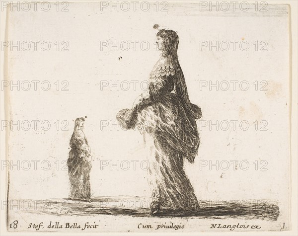 Plate 18: a noblewoman walking towards the left with a feathered fan, another woman..., ca. 1644-47. Creator: Stefano della Bella.