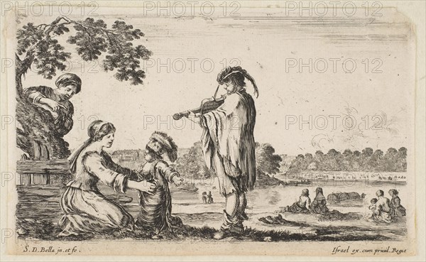 A man playing the violin in center, turned towards the left in profile, a seated woman to ..., 1649. Creator: Stefano della Bella.